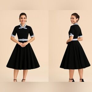 NWOT Elegant Black Dress with Blue Accents 50’s Style size L
